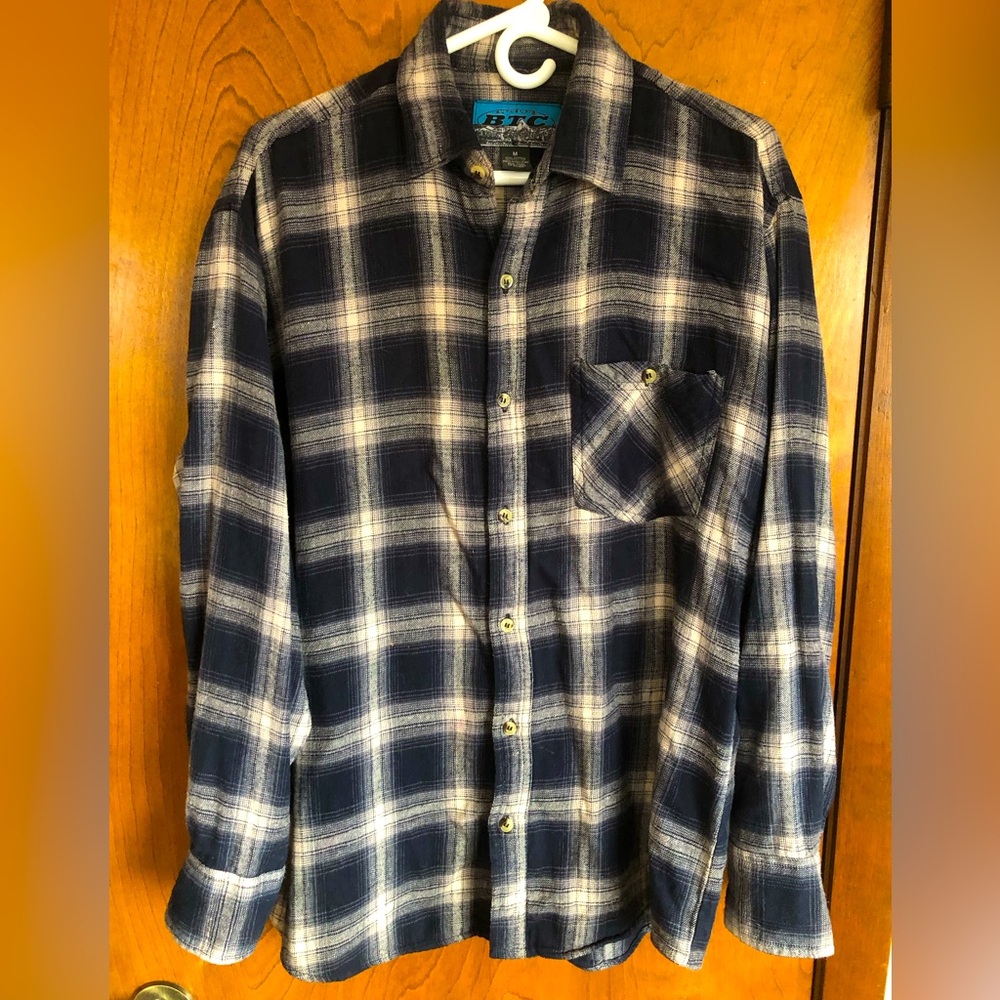 Men's Authentic BTC White and Navy Blue Plaid Flannel Button Up Shirt